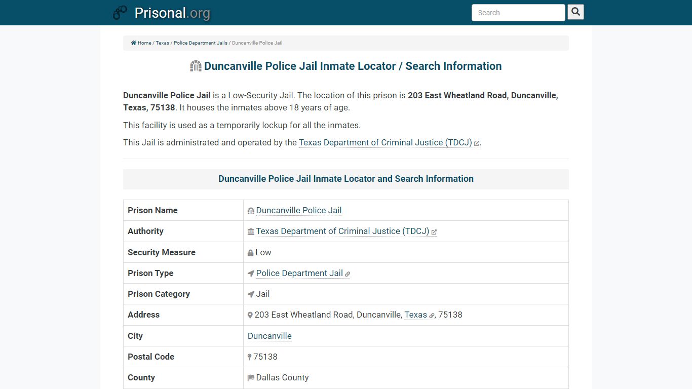 Duncanville Police Jail Inmate Locator and Search Information